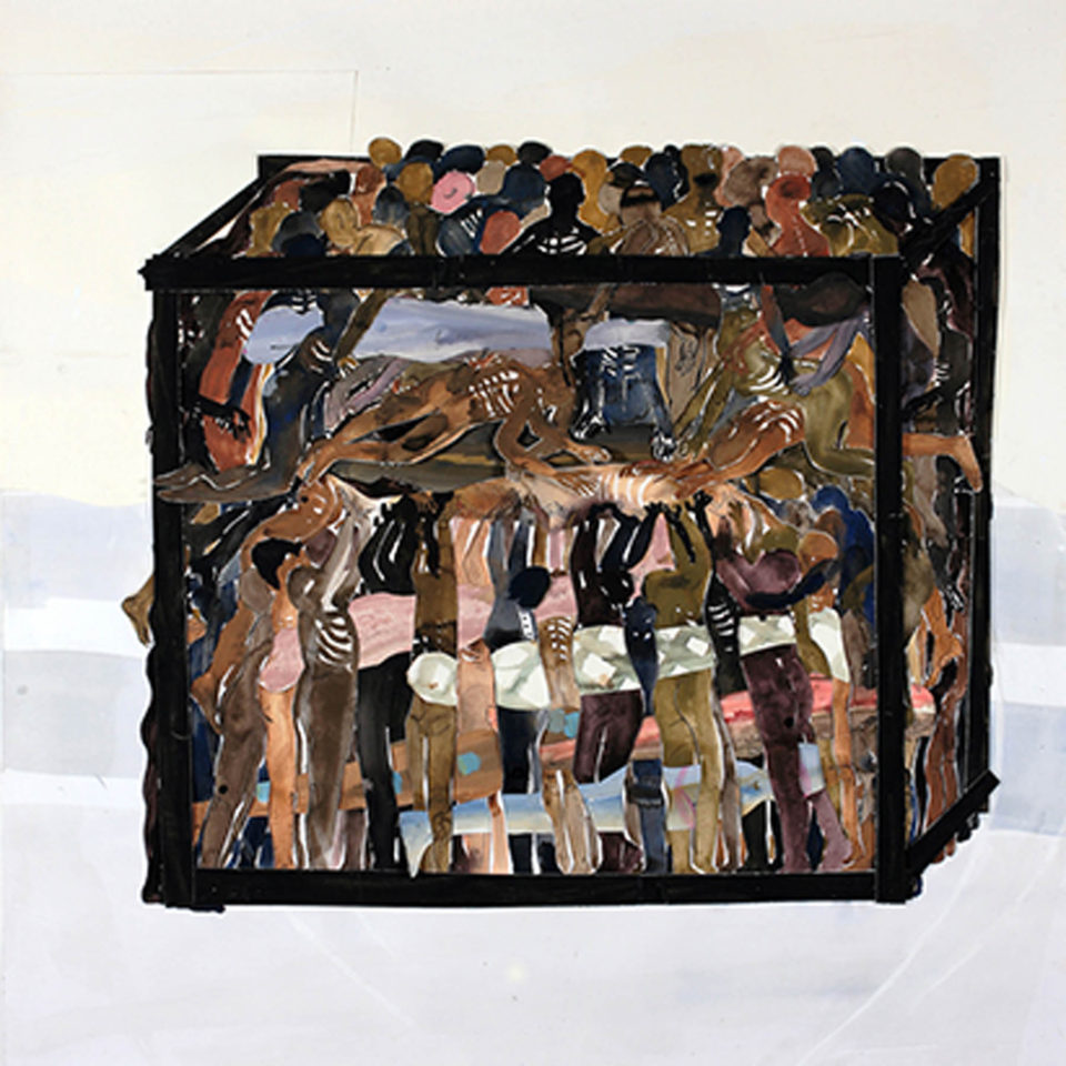 Caren van Herwaarden Black Box 150 x 150 cm collage op papier